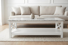 Load image into Gallery viewer, Alessandro 43.5" Rectangular Italian Carrara White Marble Coffee Table with White Color Solid Wood Legs