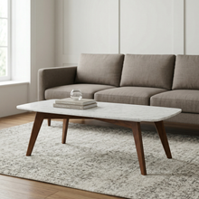Load image into Gallery viewer, Rachel 18" x 43.5" Rectangular Italian Carrara White Marble Table with Walnut Legs