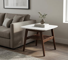 Load image into Gallery viewer, Lorenzo 24" Square Italian Carrara White Marble Side Table with Walnut Shelf