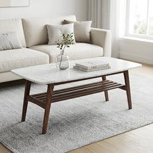 Load image into Gallery viewer, Loris 43" Rectangular Italian Carrara White Marble Coffee Table with Walnut Shelf