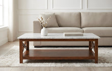 Load image into Gallery viewer, Alessandro 43.5" Rectangular Italian Carrara White Marble Coffee Table with Walnut Color Solid Wood Legs
