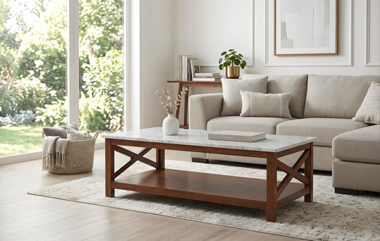 Alessandro 43.5" Rectangular Italian Carrara White Marble Coffee Table with Walnut Color Solid Wood Legs