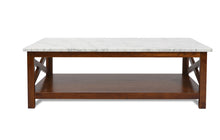 Load image into Gallery viewer, Alessandro 43.5" Rectangular Italian Carrara White Marble Coffee Table with Walnut Color Solid Wood Legs