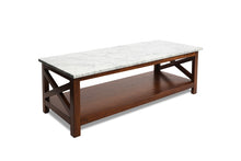 Load image into Gallery viewer, Alessandro 43.5" Rectangular Italian Carrara White Marble Coffee Table with Walnut Color Solid Wood Legs
