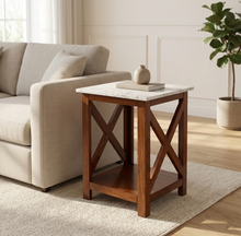 Load image into Gallery viewer, Elena 15.8" Square Italian Carrara White Marble End table with Walnut Color Solid Wood Legs