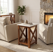 Load image into Gallery viewer, Elena 15.8" Square Italian Carrara White Marble End table with Walnut Color Solid Wood Legs