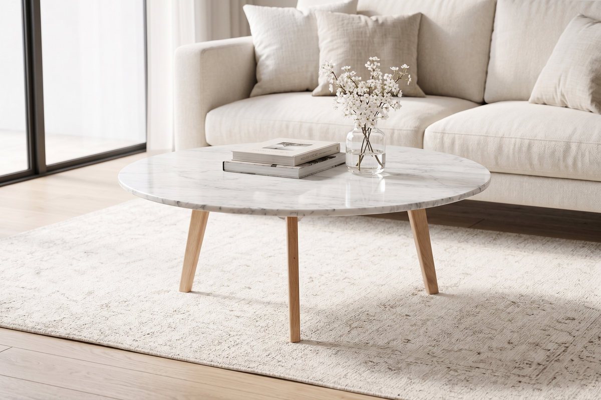 Round marble coffee table in a living room with a beige sofa and decorative items.