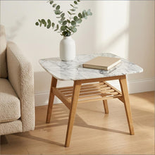 Load image into Gallery viewer, Lorenzo 24" Square Italian Carrara White Marble Side Table with Oak Shelf