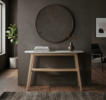 Load image into Gallery viewer, Beppe 43" Rectangular Italian Carrara White Marble Console Table with Oak Shelf