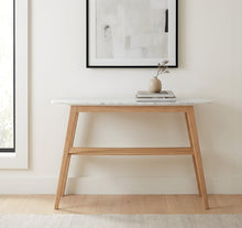 Load image into Gallery viewer, Beppe 43" Rectangular Italian Carrara White Marble Console Table with Oak Shelf