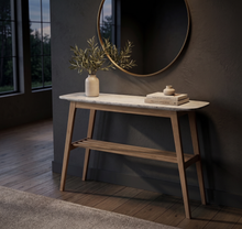 Load image into Gallery viewer, Beppe 43" Rectangular Italian Carrara White Marble Console Table with Oak Shelf