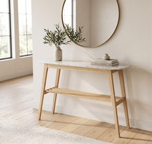 Load image into Gallery viewer, Beppe 43" Rectangular Italian Carrara White Marble Console Table with Oak Shelf