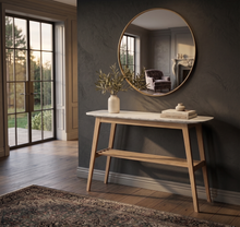 Load image into Gallery viewer, Beppe 43" Rectangular Italian Carrara White Marble Console Table with Oak Shelf