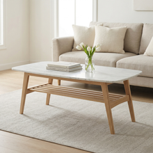 Load image into Gallery viewer, Loris 43" Rectangular Italian Carrara White Marble Coffee Table with Oak Shelf