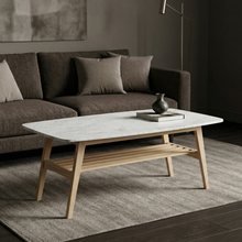 Load image into Gallery viewer, Loris 43" Rectangular Italian Carrara White Marble Coffee Table with Oak Shelf
