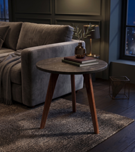 Load image into Gallery viewer, Oddone 15" Round Charcoal Bluestone Side Table with Walnut Legs