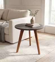 Load image into Gallery viewer, Oddone 15" Round Charcoal Bluestone Side Table with Walnut Legs