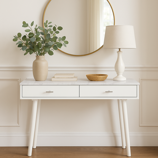 White console table with decorative items against a neutral wall
