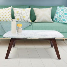 Load image into Gallery viewer, Rachel 18" x 43.5" Rectangular Italian Carrara White Marble Table with Walnut Legs