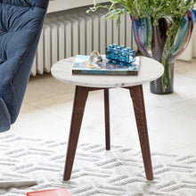 Load image into Gallery viewer, Oddone 15" Round Italian Carrara White Marble Table with Walnut Legs
