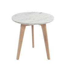 Load image into Gallery viewer, Oddone 15" Round Italian Carrara White Marble Table with Walnut Legs