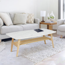 Load image into Gallery viewer, Loris 43" Rectangular Italian Carrara White Marble Coffee Table with Oak Shelf