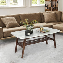 Load image into Gallery viewer, Loris 43" Rectangular Italian Carrara White Marble Coffee Table with Walnut Shelf