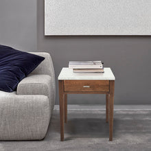 Load image into Gallery viewer, Adele 18" Square Italian Carrara White Marble Side Table with Walnut Leg