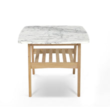 Load image into Gallery viewer, Lorenzo 24" Square Italian Carrara White Marble Side Table with Oak Shelf
