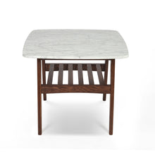 Load image into Gallery viewer, Lorenzo 24" Square Italian Carrara White Marble Side Table with Walnut Shelf